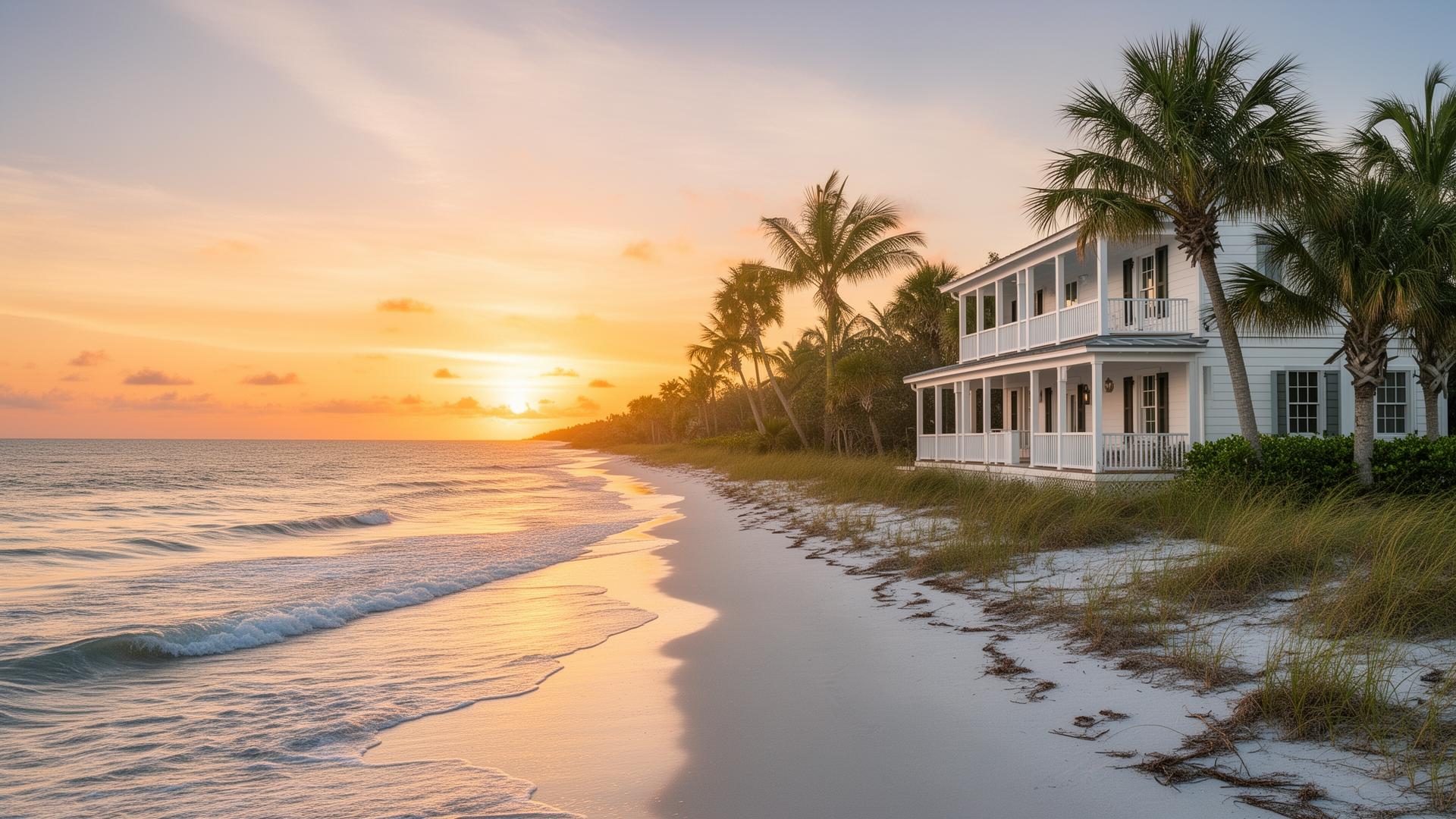 Coastal sunrise with a welcoming home on a Florida beach